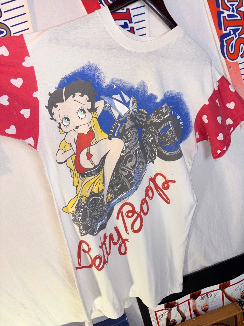 Betty Boop White Tee with Red Heart Sleeves and Multicolor Graphic